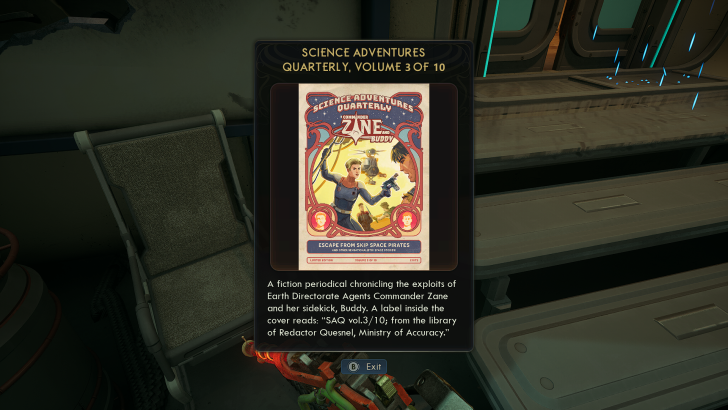 Science Adventures Quarterly comic titled Escape from Skip Space Pirates on resting area seat.