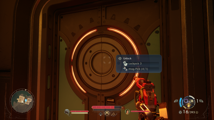 Screen showing a locked futuristic door with HUD text “Unlock”; “Lockpick 3,” “Mag-Pick (4/1)” options displayed.