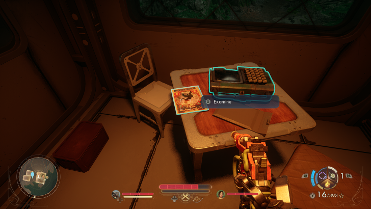 A game screen displays a “0.1C” magazine and an unbranded device on a table with an “Examine” prompt in a dimly lit room.