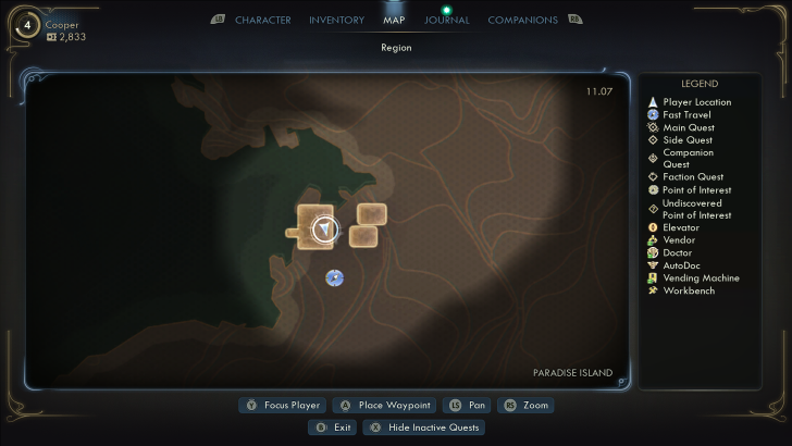 Map screen showing Paradise Island with player location and quest markers labeled in the legend on the right.