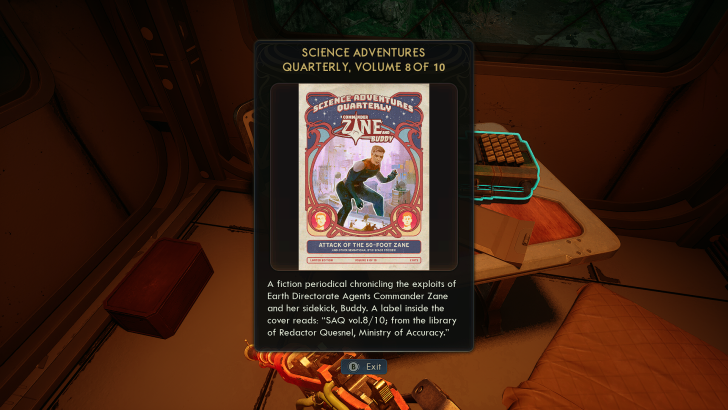 Science Adventures Quarterly comic on desk, titled “Attack of the 50-Foot Zane,” with a caption mentioning Earth Directorate Agents.