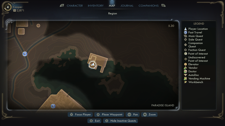In-game map showing Paradise Island with a Player Location icon and a legend on the right.