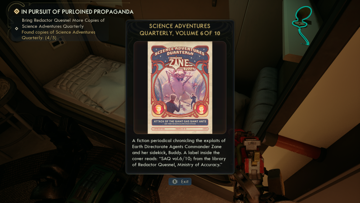 Science Adventures Quarterly, Volume 6 of 10, Attack of the Giant Gas Giant Ants on screen with quest text “In Pursuit of Purloined Propaganda.”