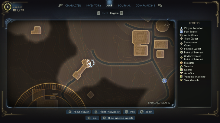 Game map screen in The Outer Worlds showing player location and PARADISE ISLAND with options for fast travel and quests.