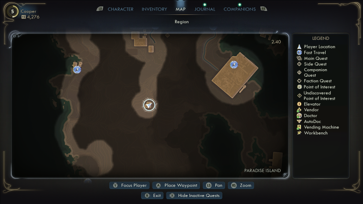 RPG game UI showing map screen with Region tab and a legend listing locations like Doctor, Vending Machine, and Workbench.