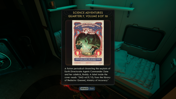 Science Adventures Quarterly, Volume 9 of 10 displayed on-screen in a dimly lit room.