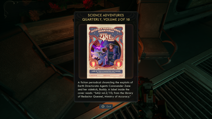Science Adventures Quarterly, Volume 2 of 10, featuring Commander Zane, displayed on a chair in a sci-fi setting.