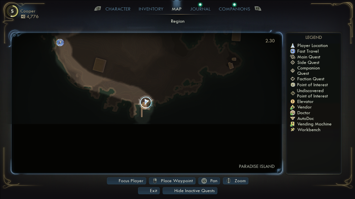 Game map interface showing Paradise Island with a legend on the right and control options below.