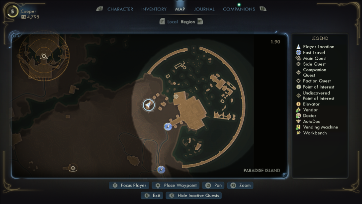 Game map screen showing Paradise Island location with player position, quests, and icons; legend indicates icons like Vendor and Doctor.
