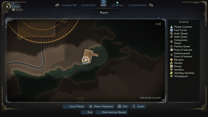 A map screen from a game shows a player location at a dock in the 'Paradise Island' region, with a legend indicating various quest and point of interest icons.