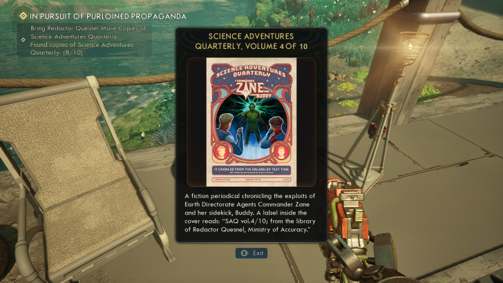 A screen from a game shows the 'Science Adventures Quarterly, Volume 4 of 10' magazine with the objective 'In Pursuit of Purloined Propaganda' indicating 'Found copies of Science Adventures Quarterly: (8/10)'.