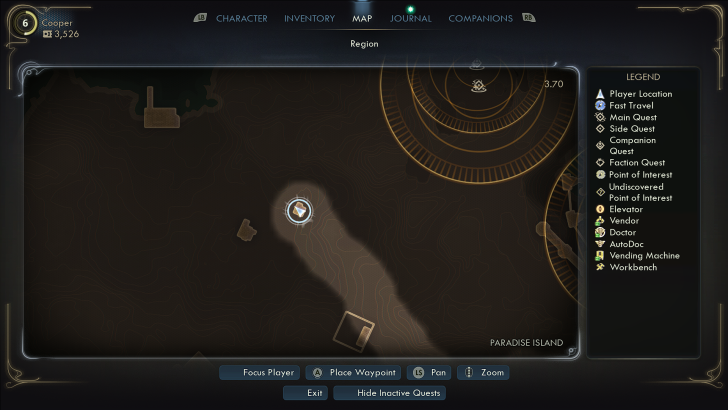 A game map screen shows a player's location on 'Paradise Island,' with a legend indicating quests and points of interest.