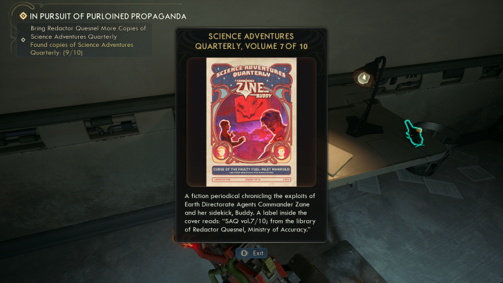 A game interface titled 'In Pursuit of Purloined Propaganda' shows the player tasked with collecting copies of 'Science Adventures Quarterly' with a book titled 'Science Adventures Quarterly, Volume 7 of 10' displayed, featuring Commander Zane and Buddy.