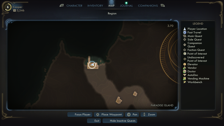 A game UI map screen displays the region 'Paradise Island' with various quests and points of interest listed on the right.