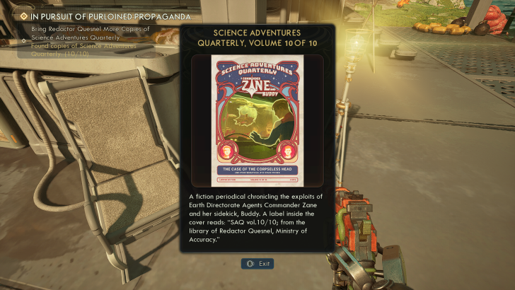 A game screen from The Outer Worlds shows a player holding a weapon with an on-screen quest titled 'In Pursuit of Purloined Propaganda' and an item labeled 'Science Adventures Quarterly, Volume 10 of 10'.