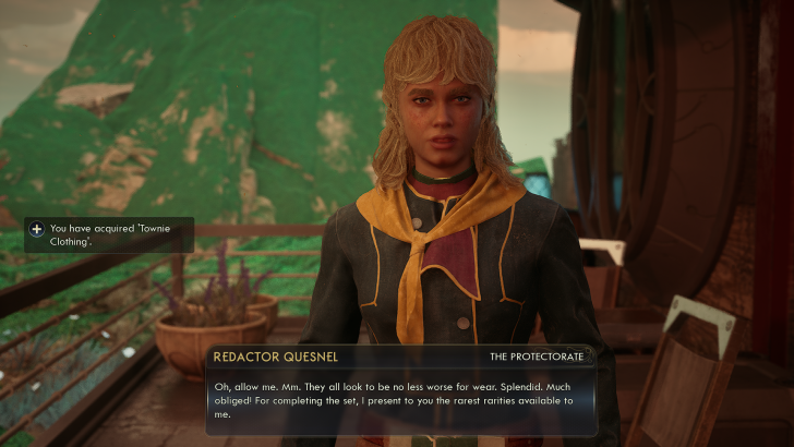 A character named Redactor Quesnel from 'The Outer Worlds' stands on a balcony with dialogue displayed and a notification that the player has acquired 'Townie Clothing'.