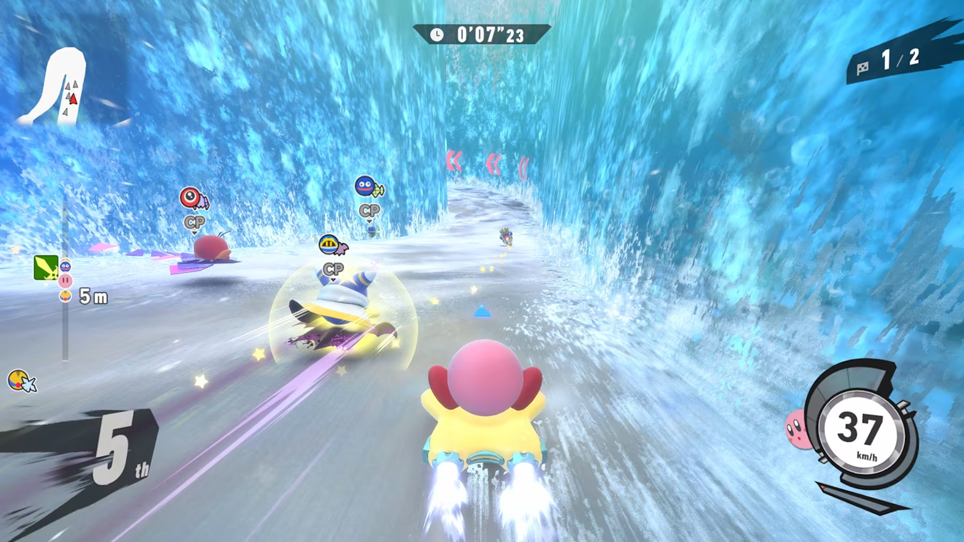 A character in Kirby's Dream Buffet races on an icy course, currently in 5th place with a speed of 37 km/h, surrounded by other competitors labeled CP.