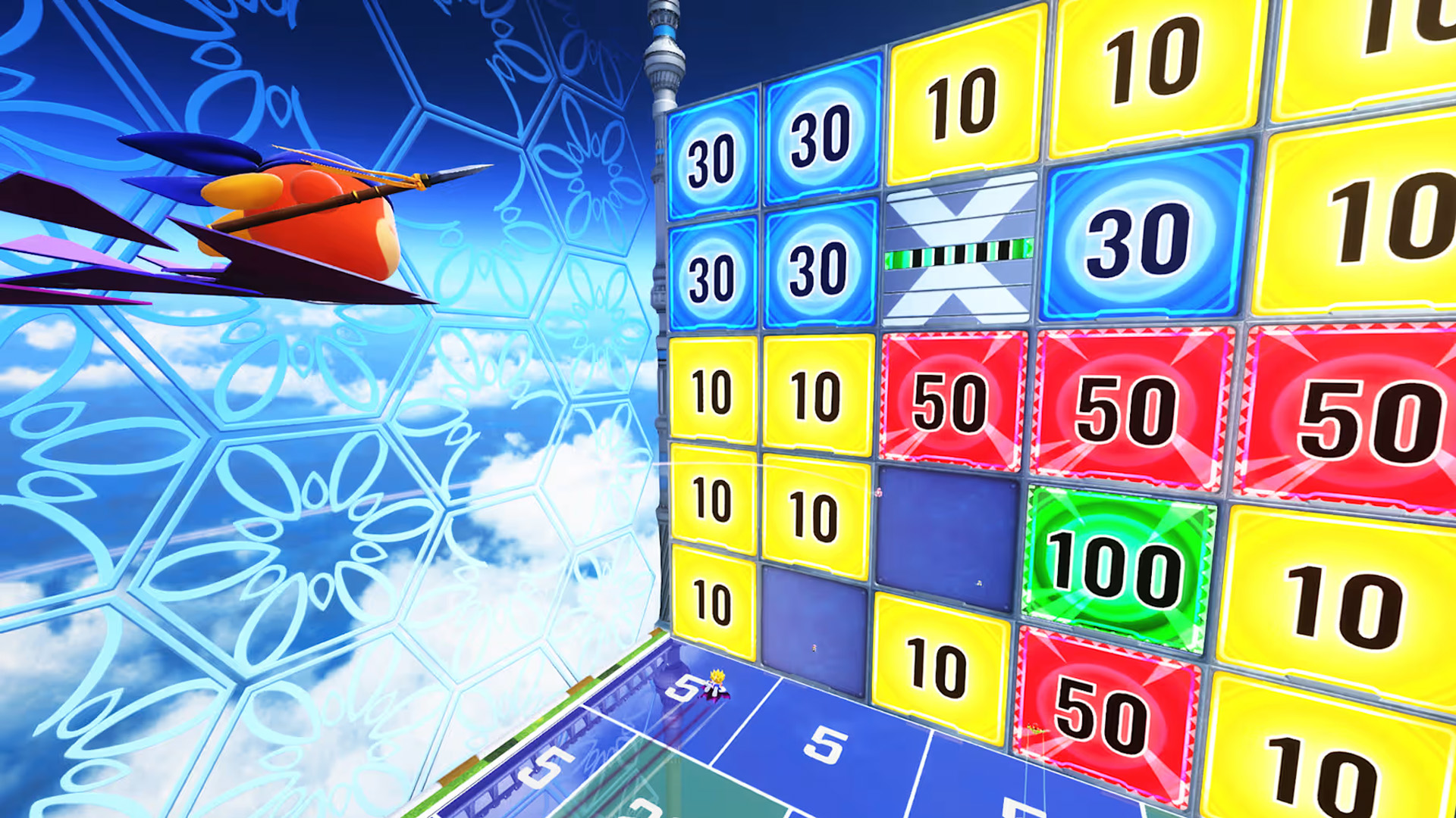 A character in the game Sonic Superstars races alongside a large wall displaying various point tiles, including '100' and '50'.