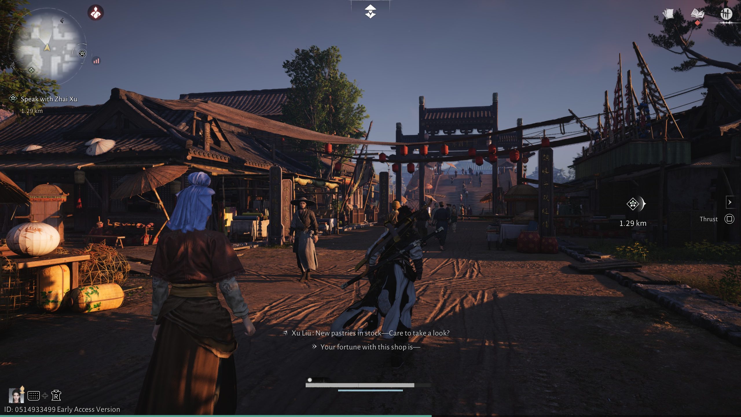 Video game scene with dialogue showing Xu Liu: New pastries in stock—Care to take a look? and Your fortune with this shop is—.
