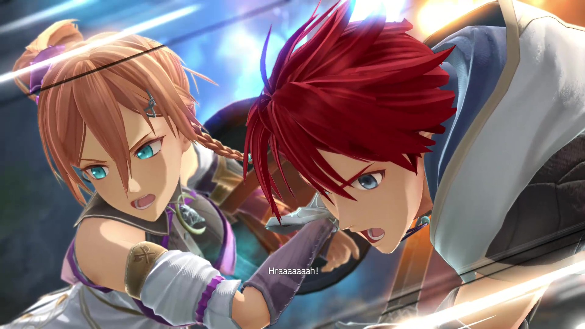 Two animated characters, a man with red hair and a woman with braided brown hair, engage in action with intense expressions and the text 'Hraaaaaah!' on screen.