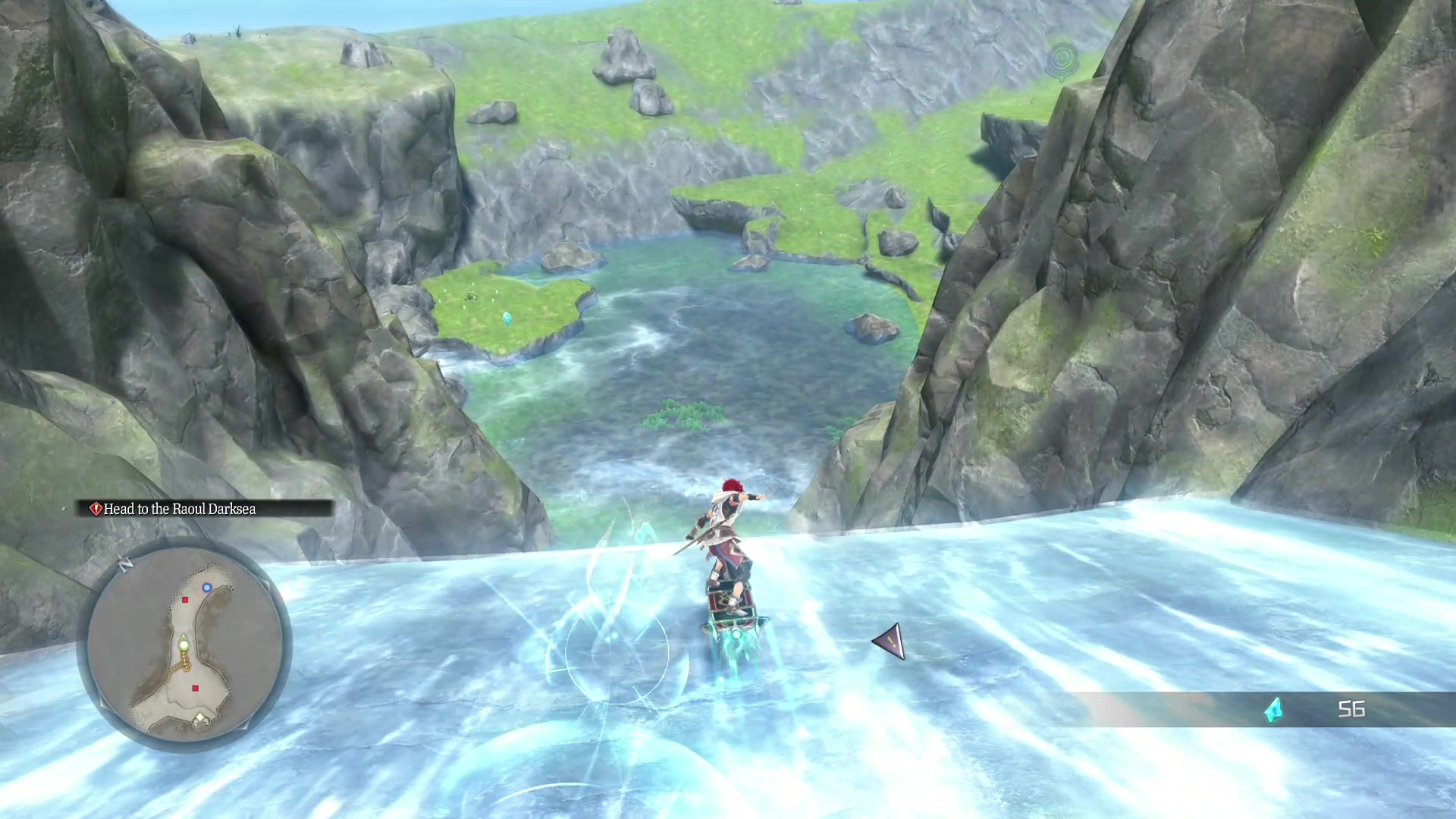 A character in Ys IX: Monstrum Nox surfs down a waterfall towards a valley below, with the text 'Head to the Raoul Darksea' visible on screen.