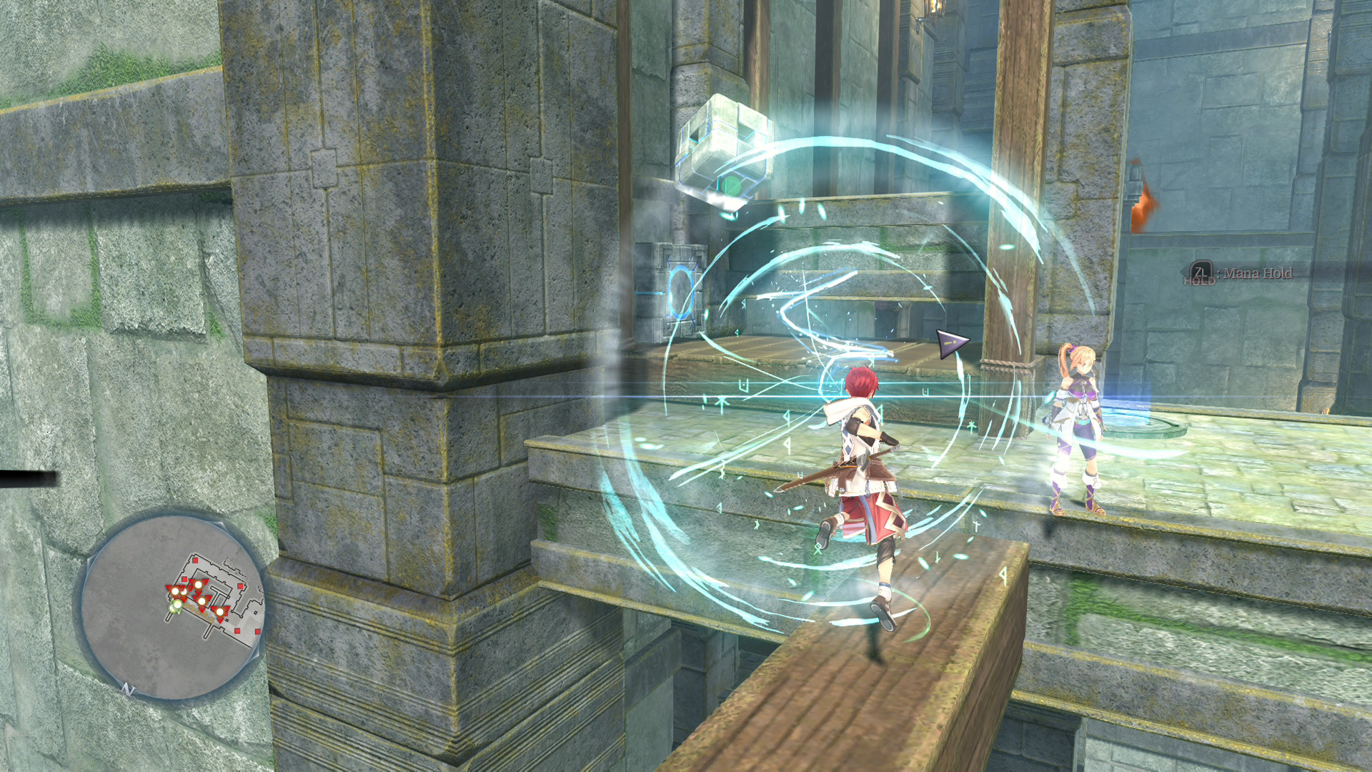 A character with red hair is casting a spell on a bridge, with the on-screen text 'ZL - Mana Hold' visible in a fantasy game environment.