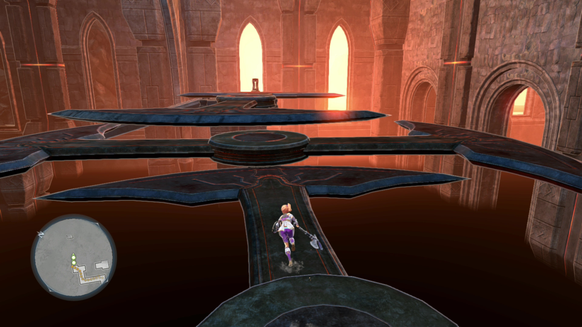 A character in a fantasy game is running across large rotating platforms in a grand, glowing hall.