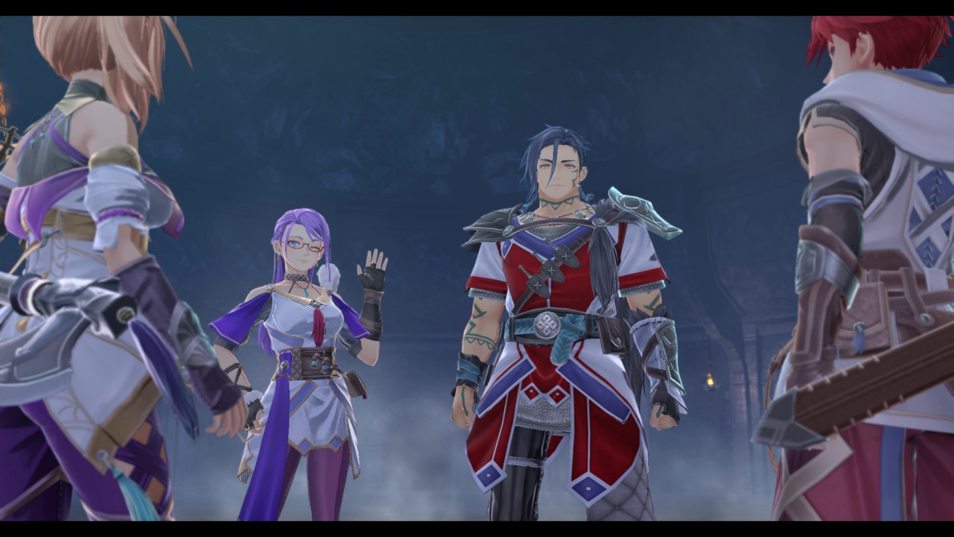Characters from the game Ys X: Nordics standing together in a cave setting.