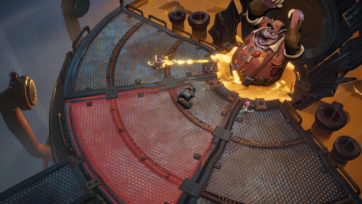 A character in the game 'Torchlight III' fights a large, menacing boss using fiery attacks on a circular platform.