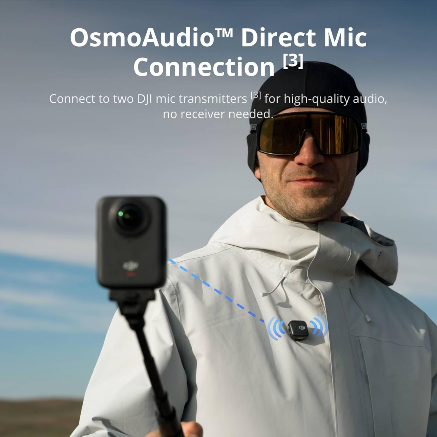 A person using a DJI camera and wearing a DJI mic transmitter with the text 'OsmoAudio™ Direct Mic Connection' displayed above.