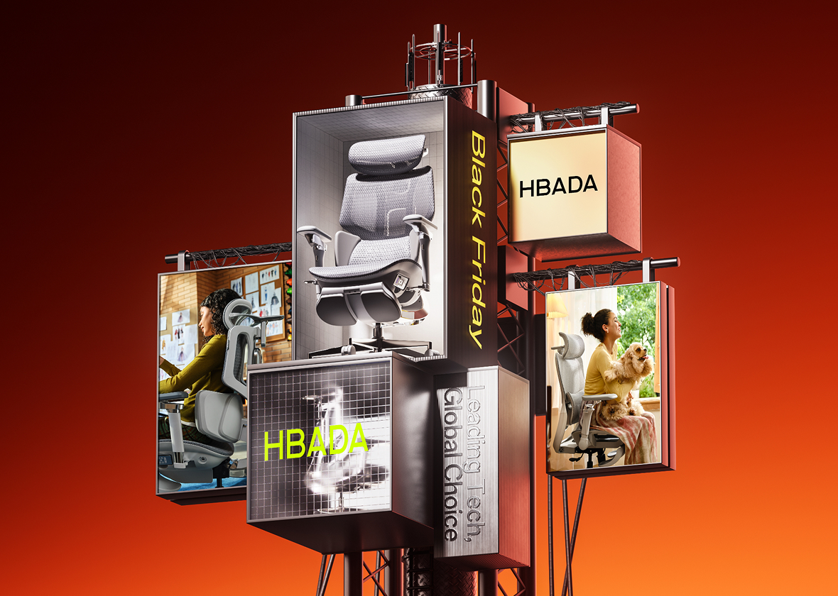 A digital composition featuring HBADA office chairs with 'Black Friday,' 'HBADA,' and 'Leading Tech Global Choice' text, against a red gradient background.