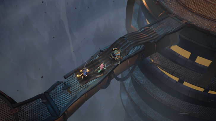 Three animated characters traverse a futuristic, elevated metallic walkway in a stylized, fantasy gaming environment.