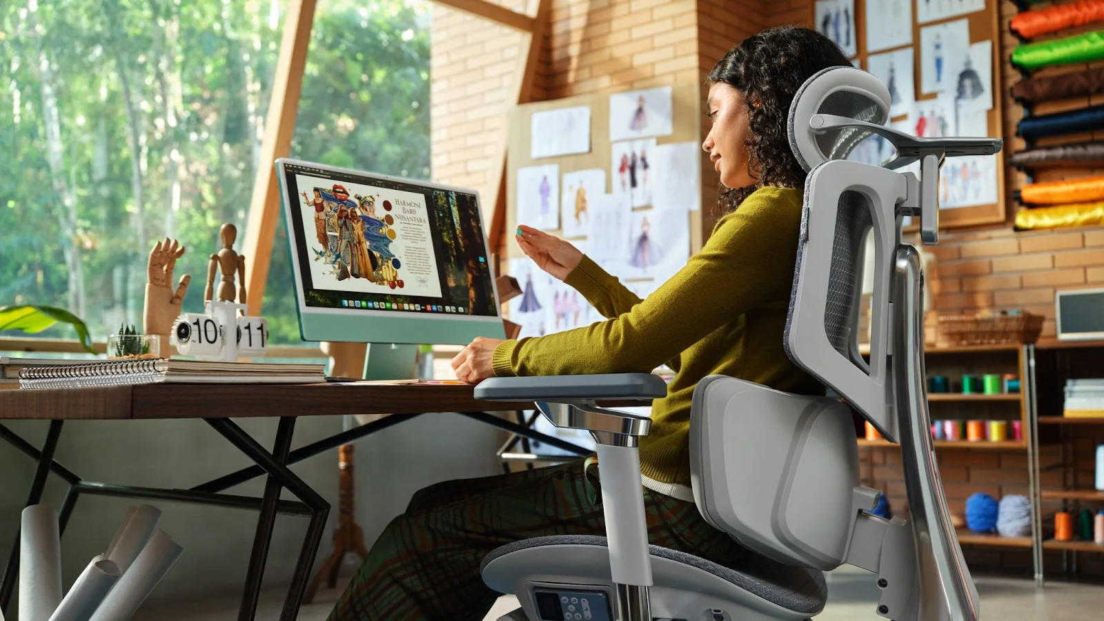 A person sits at a desk working on an Apple iMac displaying a digital design in a studio with fabric swatches and design sketches on the wall.