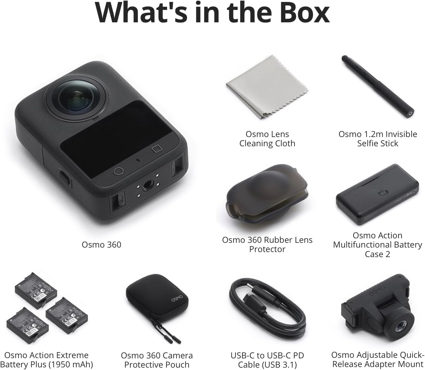 The image shows various items labeled as What's in the Box for the Osmo 360, including the Osmo 360 camera, Osmo Lens Cleaning Cloth, Osmo 1.2m Invisible Selfie Stick, Osmo Action Extreme Battery Plus (1950 mAh), Osmo 360 Camera Protective Pouch, USB-C to