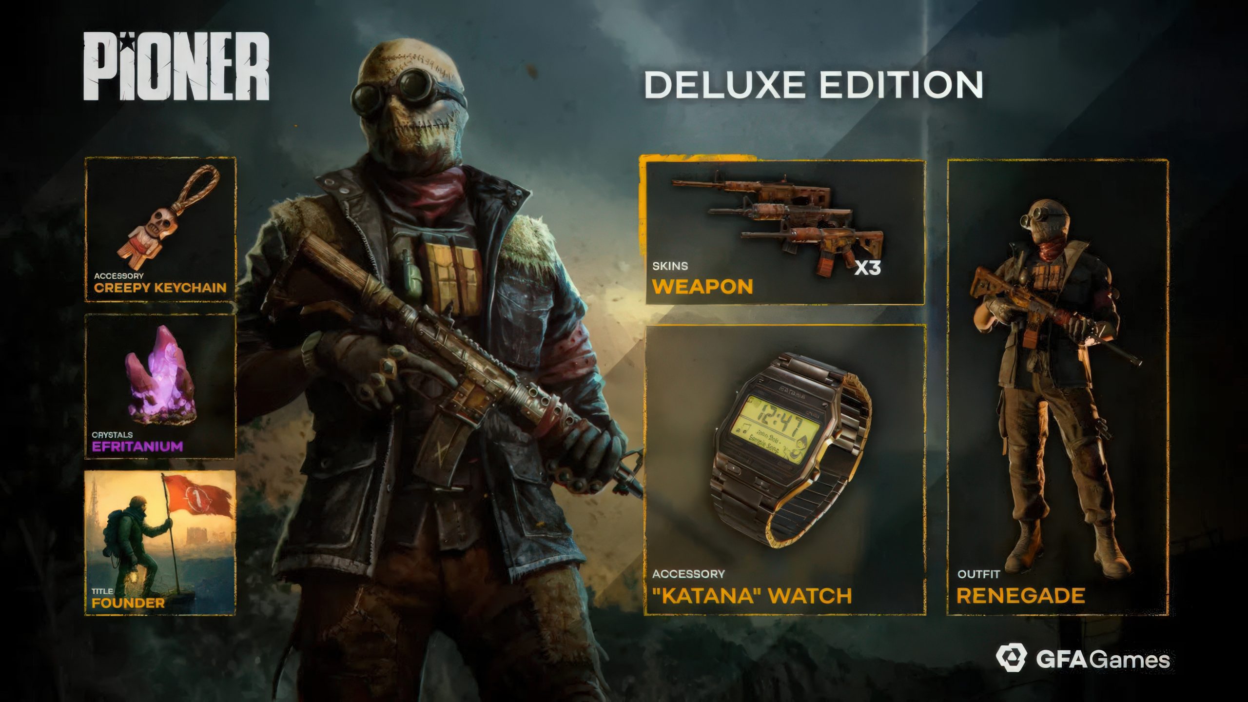 A promotional image for PIONER Deluxe Edition showing a masked character with accessories labeled 'Creepy Keychain,' 'Efritanium,' 'Katana' watch, 'Founder' title, and 'Renegade' outfit, plus weapon skins labeled 'Weapon x3,' by GFA Games.