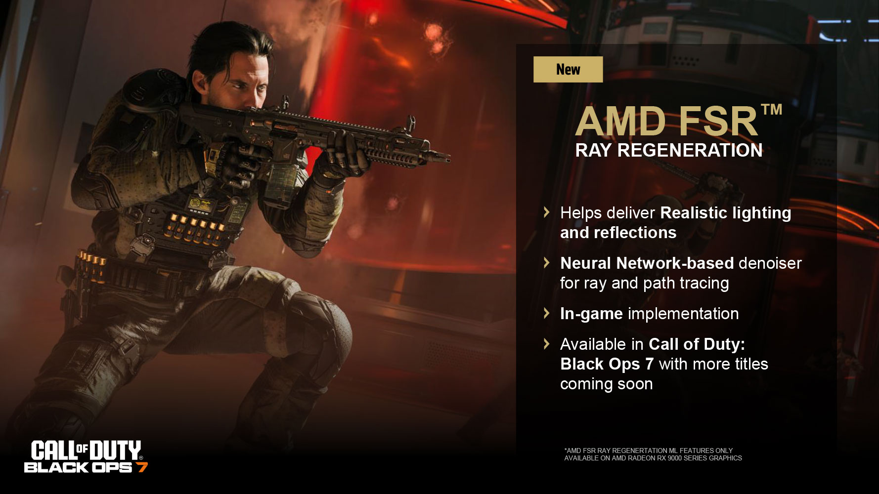 A character from 'Call of Duty: Black Ops 7' aims a weapon, alongside text promoting 'AMD FSR™ Ray Regeneration' features like realistic lighting and neural network-based denoising for the game.