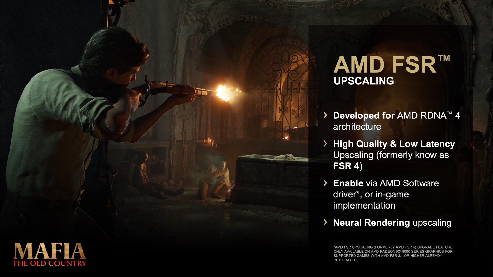 A character in 'Mafia: The Old Country' is firing a rifle inside a dimly lit room, with a sidebar promoting 'AMD FSR' for 'High Quality & Low Latency' upscaling.