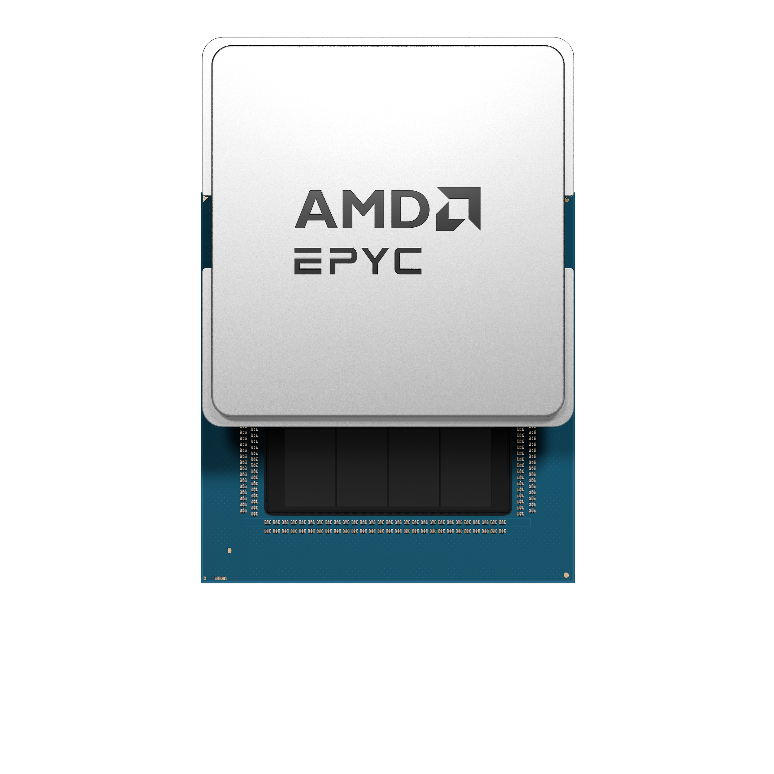 An AMD EPYC processor chip is shown from a top-down view, featuring the logo prominently on a metallic cover.