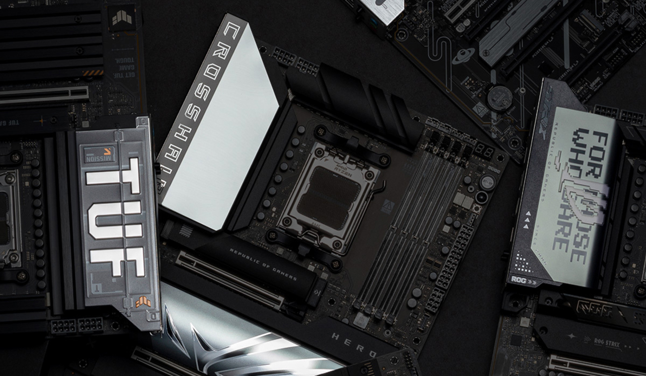 A collection of ASUS ROG Crosshair and TUF gaming motherboards featuring visible branding and intricate design details.