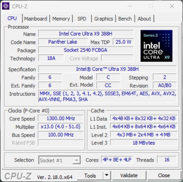 The CPU-Z interface displays detailed specifications and settings for the Intel Core Ultra X9 388H processor, including a