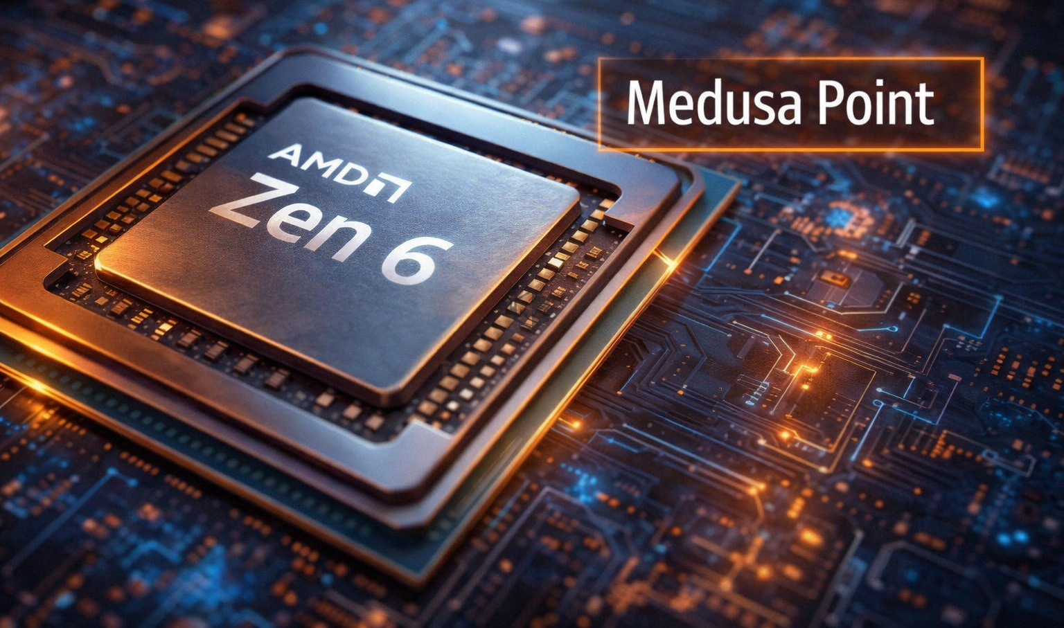 A close-up of an AMD processor labeled 'Zen 6' with the text 'Medusa Point' in the background.