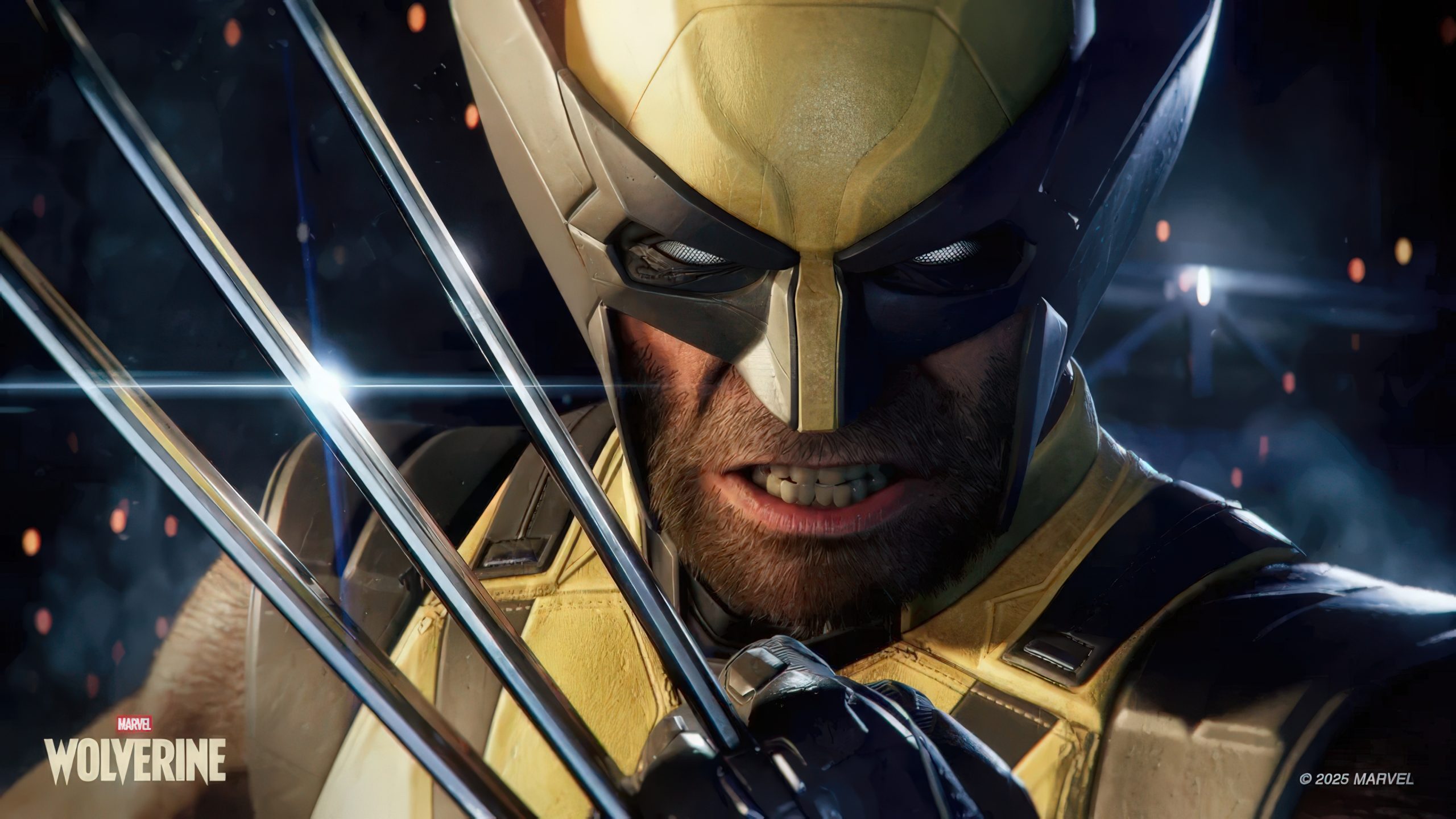 A close-up of Wolverine from the game 'Marvel's Wolverine' showing his claws extended, with a determined expression.