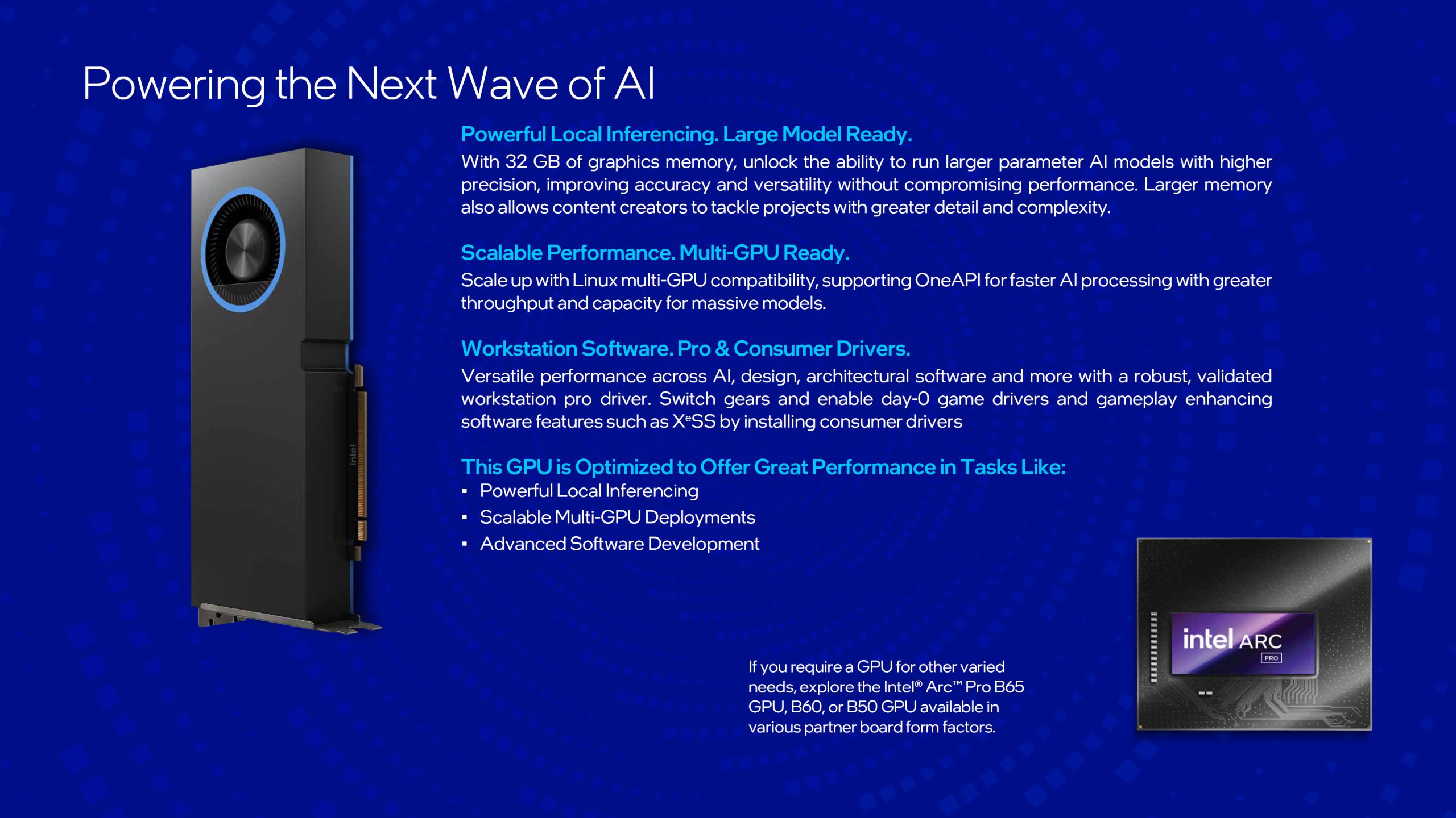 A presentation slide titled 'Powering the Next Wave of AI' features an Intel Arc Pro B65 GPU highlighting features like 'Powerful Local Inferencing' and 'Scalable Multi-GPU Deployments.'