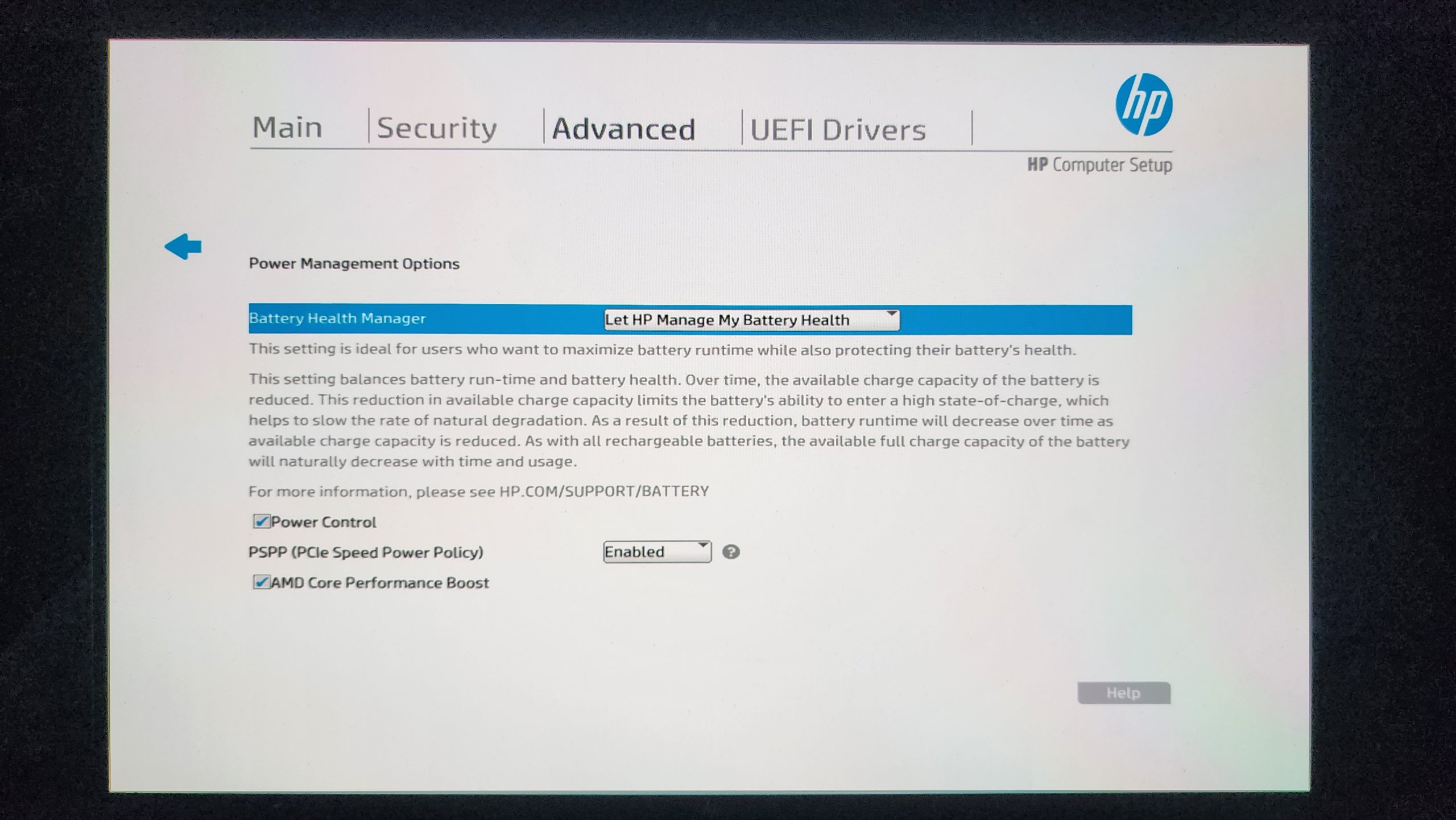 The screen displays the 'HP Computer Setup' with a 'Battery Health Manager' setting, showing options like 'Power Control'