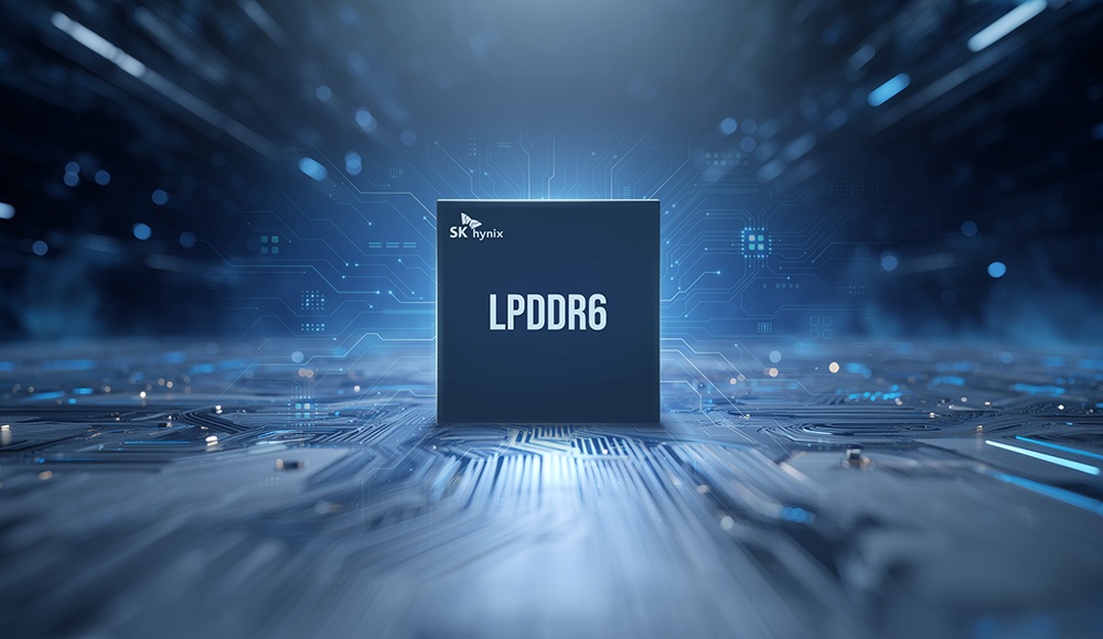 A chip labeled LPDDR6 with the SK hynix logo is positioned on a futuristic circuit board background.