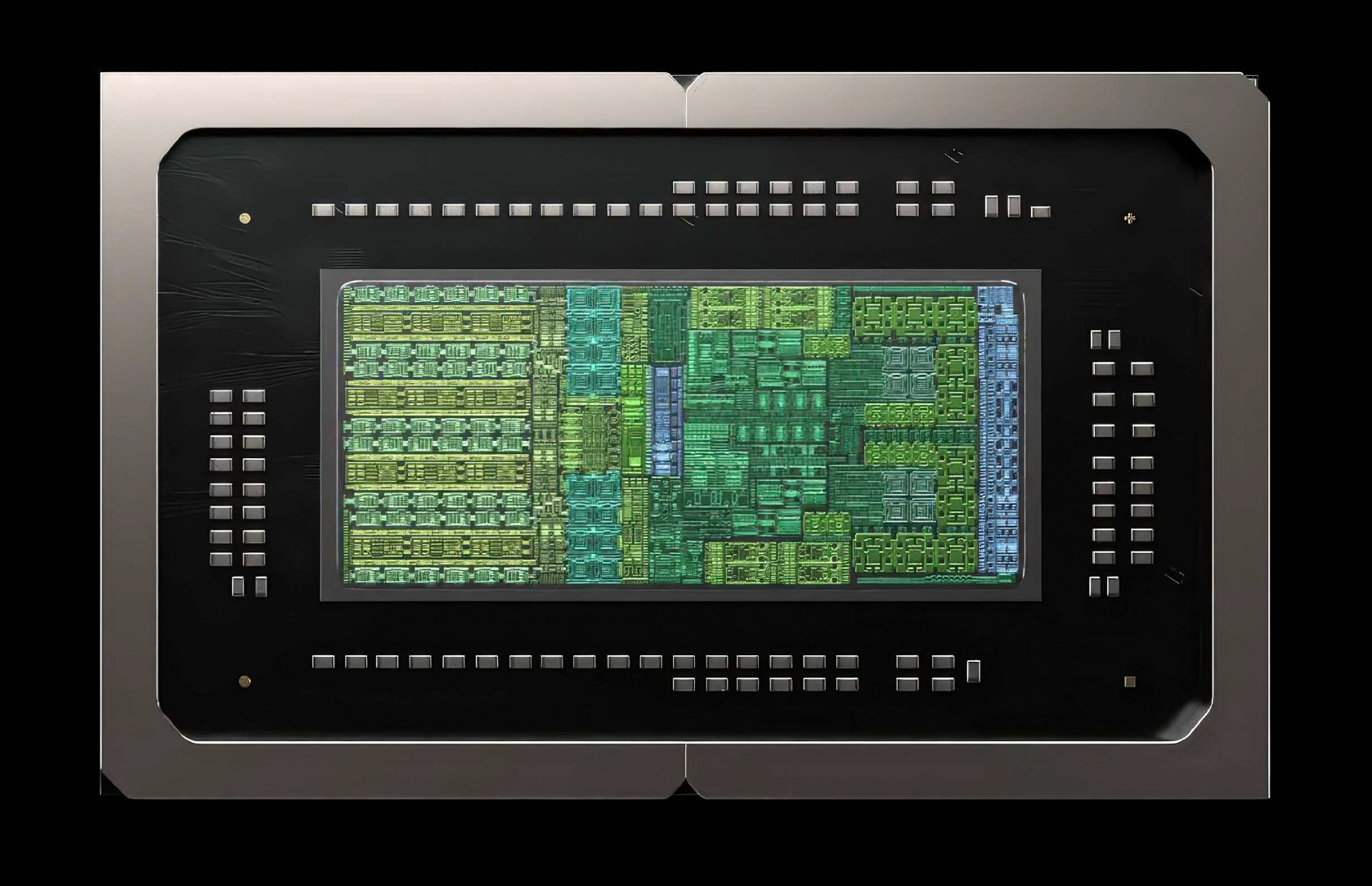 Close-up of an AMD RDNA 3 GPU die showcasing its intricate circuitry.