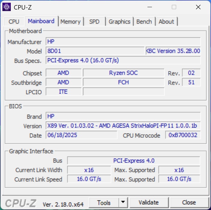 A screenshot of CPU-Z showing an HP motherboard model '8D01' with AMD Ryzen SOC chipset and BIOS version 'X89 Ver. 01.03.02