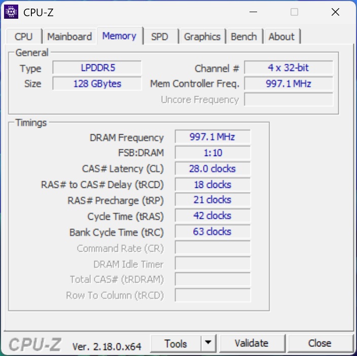 A screenshot of the CPU-Z 'Memory' tab shows LPDDR5 memory with a size of 128 GBytes and a DRAM frequency of 997.1 MHz.