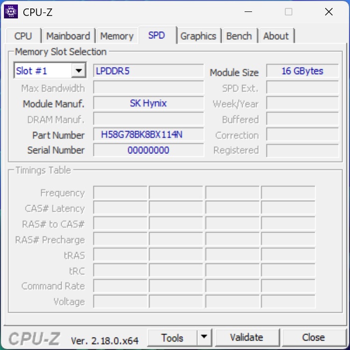 The CPU-Z application on a computer screen displays SPD tab information for a memory module, showing 'Slot #1,' 'LPDDR5,'