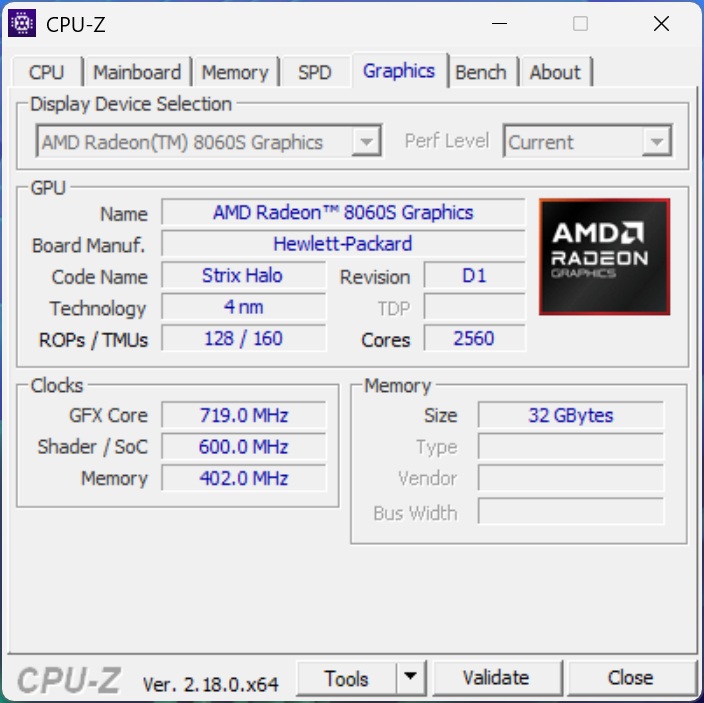 The CPU-Z interface displays specifications for the AMD Radeon 8060S Graphics card, including 'Strix Halo' as the code name,